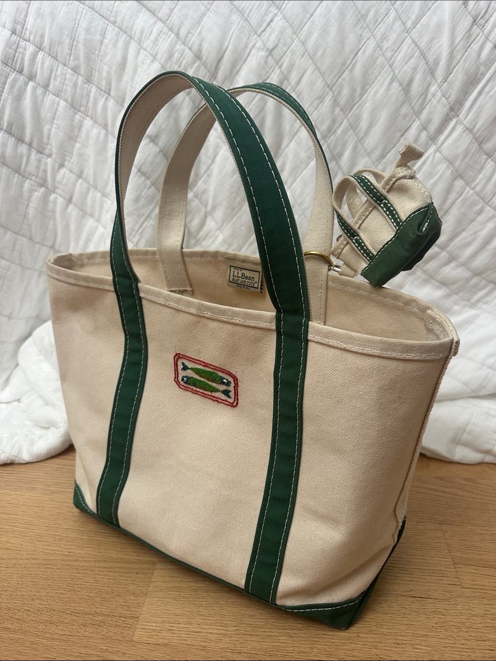 L.L. Bean Cream Canvas Medium Tote with Hand Embroidery & Mini Tote Charm